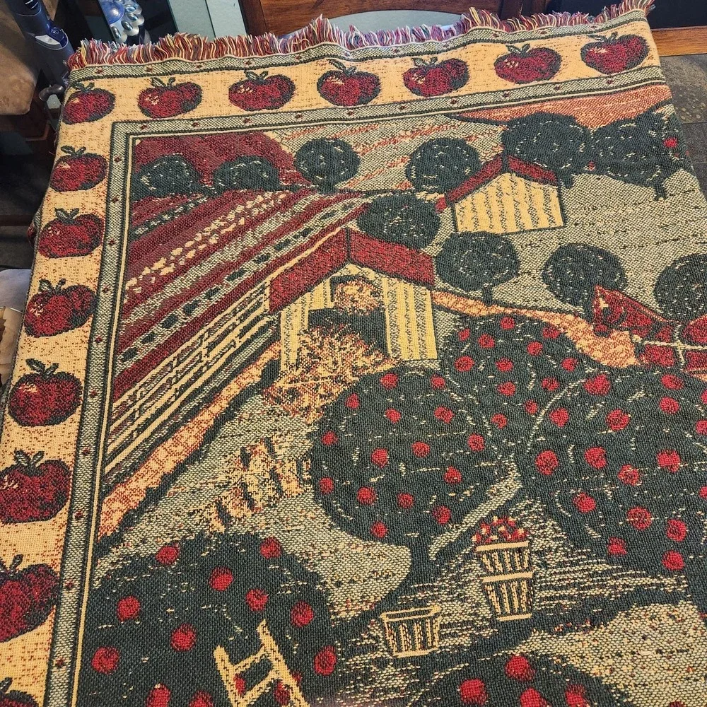 Vtg woven‎ Tapestry Throw Blanket Horses Barn Apple Orchard Thick Cotton Fringe